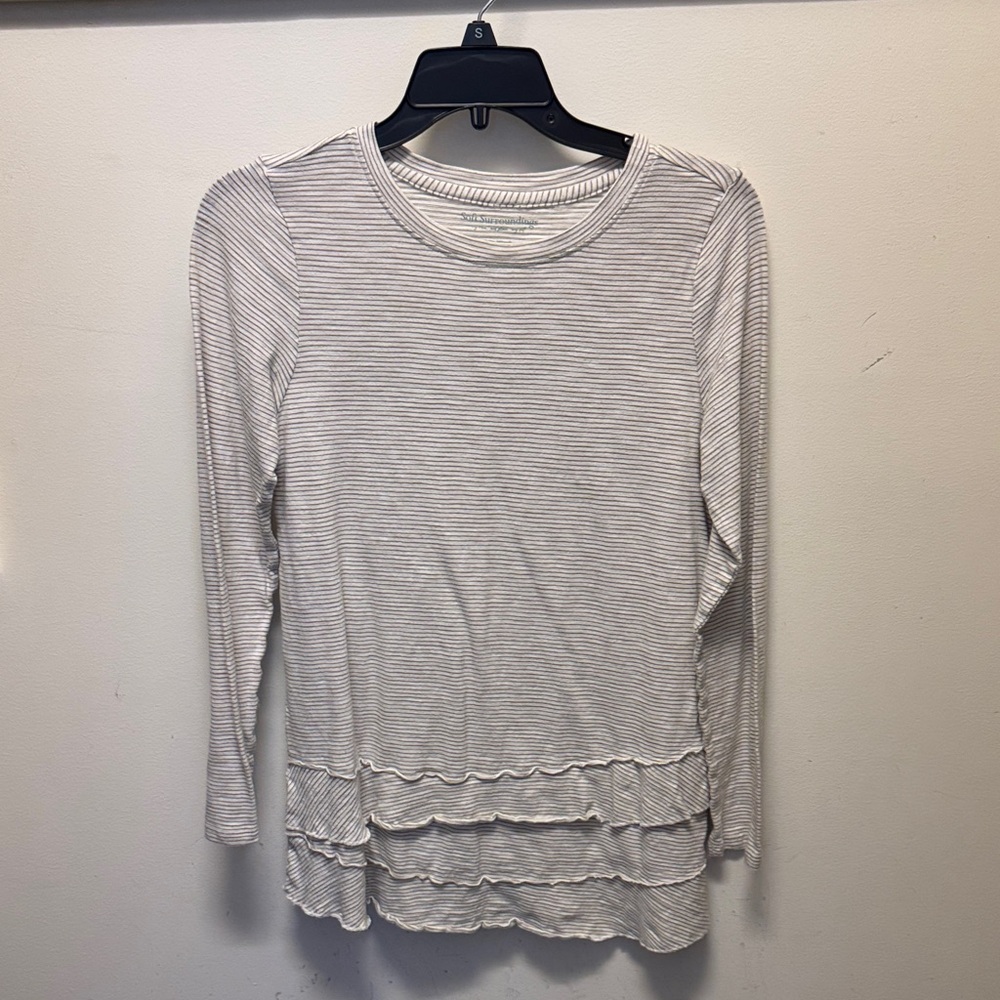 Soft Surroundings White and Light Gray Striped Long Sleeve Layered-Hem Top